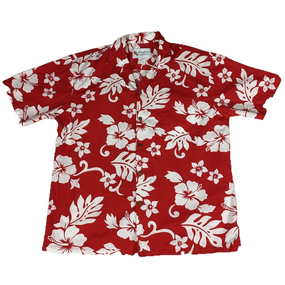 Alohawears Mens Red White Hibiscus Floral Hawaiian Shirt Size L Made in Hawaii